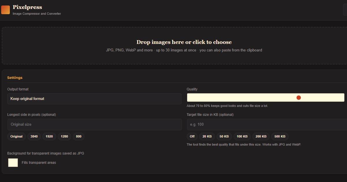 Image compressor online reducing a photo from 2.4 MB to 180 KB in the browser