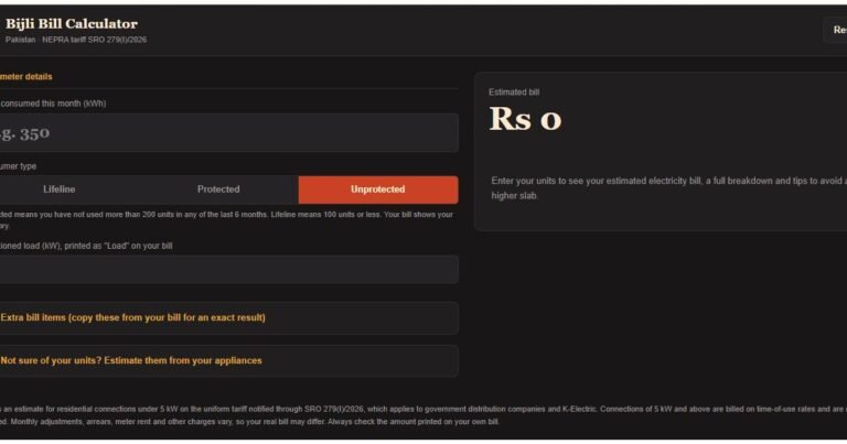 Electricity bill calculator Pakistan showing estimated bill for 350 units with slab breakdown
