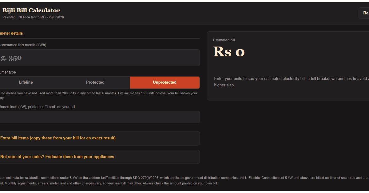 Electricity bill calculator Pakistan showing estimated bill for 350 units with slab breakdown